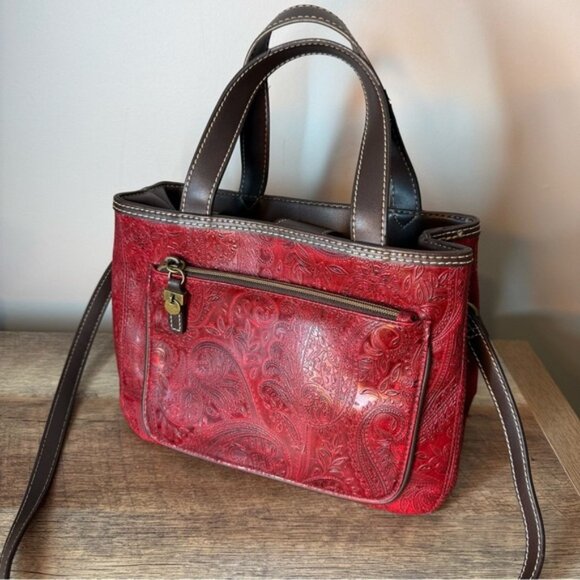 RELIC Red Paisley Embossed Handbag Satchel Brown Accents Crossbody Strap Tooled - Picture 4 of 14